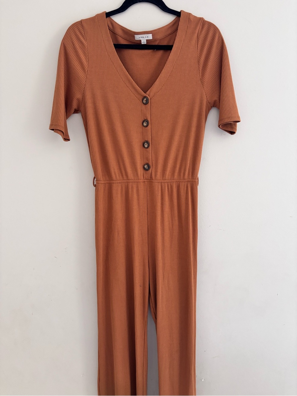 Gilli Ribbed Button-Front Jumpsuit in Burnt Orange